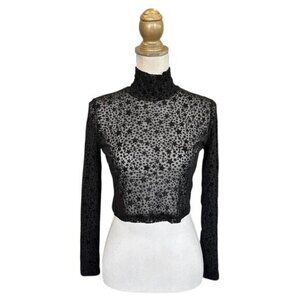 Motel Lara Sheer Mock Neck Flocked Star Pattern Long Sleeve Crop Top - Black - S